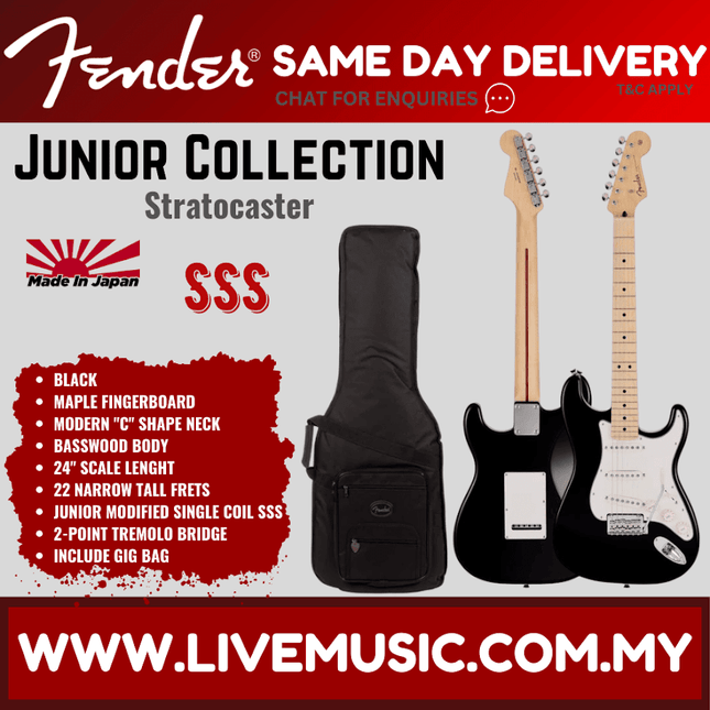 Fender Japan Junior Collection Stratocaster Electric Guitar, Maple FB, Black