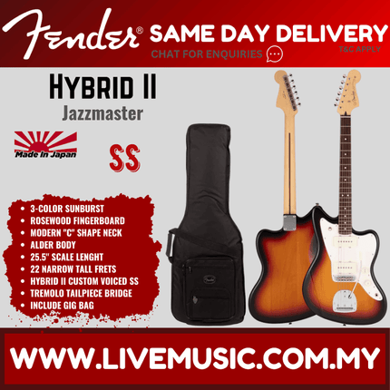 Fender Japan Hybrid II Jazzmaster Electric Guitar, Rosewood Fretboard with Gig Bag - 3-Color Sunburst