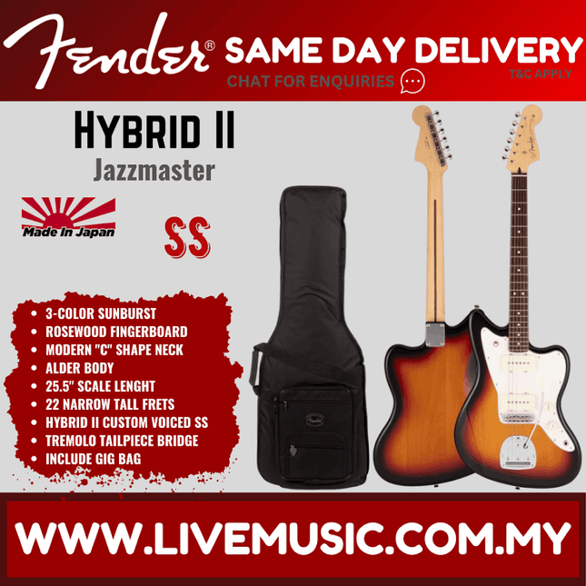 Fender Japan Hybrid II Jazzmaster Electric Guitar, Rosewood Fretboard with Gig Bag - 3-Color Sunburst