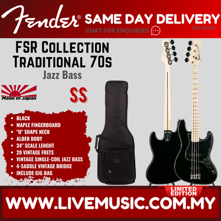 Fender FSR Collection Traditional 70s Jazz Bass Guitar, Maple FB, Black