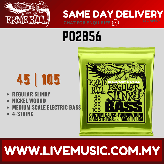 Ernie Ball 2856 Regular Slinky Nickel Wound Medium Scale Electric Bass Strings, 45-105 Gauge