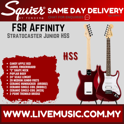 Squier FSR Affinity Series Stratocaster Junior HSS Electric Guitar, Laurel FB, Candy Apple Red