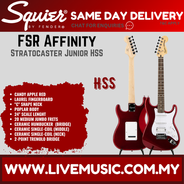 Squier FSR Affinity Series Stratocaster Junior HSS Electric Guitar, Laurel FB, Candy Apple Red