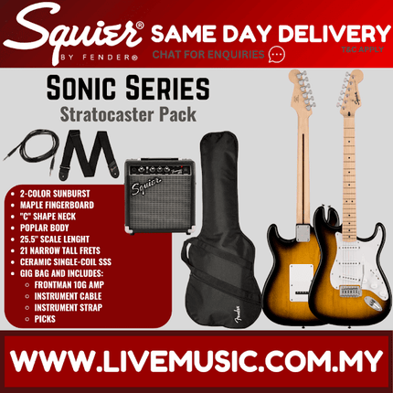Squier Sonic Stratocaster Pack w/Gig Bag, Maple FB, 10G, 230V UK, 2-Color Sunburst