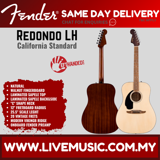 Left-handed Redondo California Standard acoustic guitar with natural finish and black pickguard.