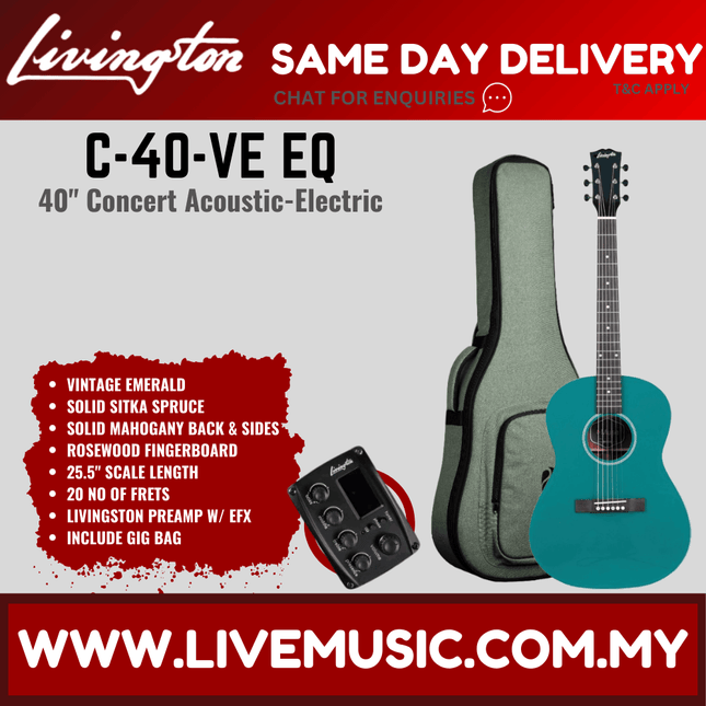 Livingston C-40 EQ 40" Full Solid Concert Acoustic-Electric Guitar, Rosewood FB - ( C 40 C40 )