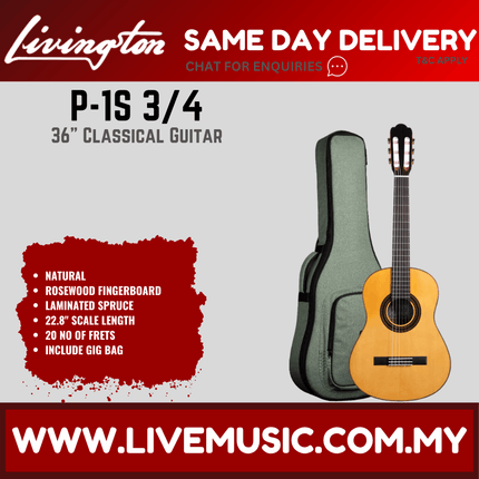 Livingston P-1S 3/4 36" Solid Spruce Top Classical Guitar, Rosewood FB, Natural ( P 1S P1S )