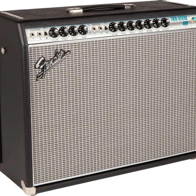 Black Fender tube guitar amp combo with silver control panel and square speaker grille