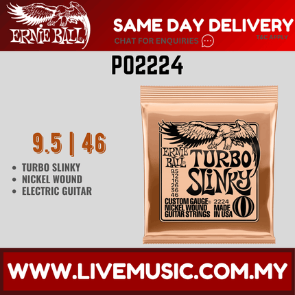 Ernie Ball 2224 Turbo Slinky Nickel Wound Electric Guitar Strings, 9.5-46 Gauge