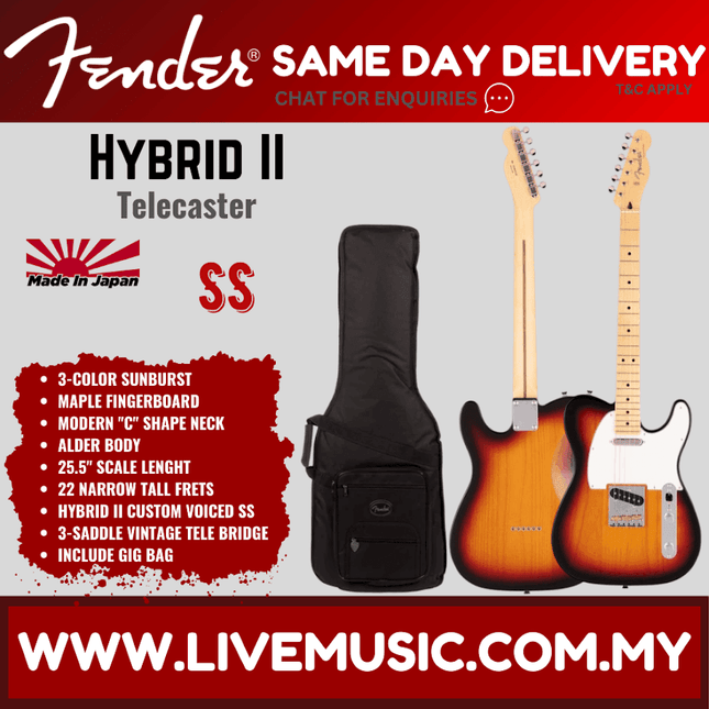 Fender Japan Hybrid II Telecaster Electric Guitar, Maple Fretboard with Gig Bag - 3-Color Sunburst