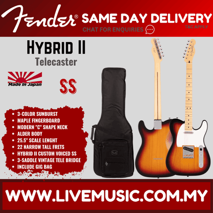 Fender Japan Hybrid II Telecaster Electric Guitar, Maple Fretboard with Gig Bag - 3-Color Sunburst