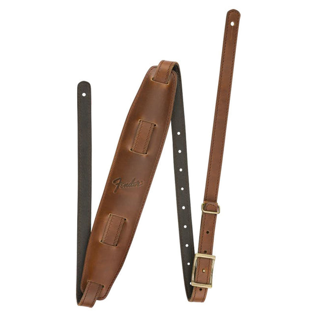 Cognac Mustang-style leather guitar strap with Fender logo and adjustment holes