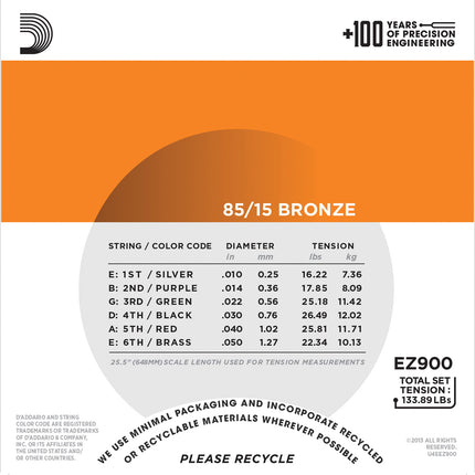 D'Addario EZ900 - 85/15 Bronze Acoustic Strings, Extra Light (10-50)(Daddario)