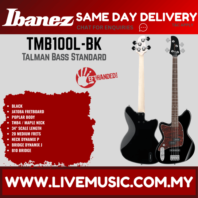 Ibanez TMB100L-BLK Left-handed Bass Guitar - Black ( TMB100LBLK / TMB100L BLK )