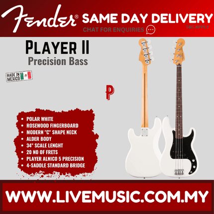 Fender Player II Precision Bass Guitar, RW FB, Polar White / Coral Red / 3 Tone Sunburst
