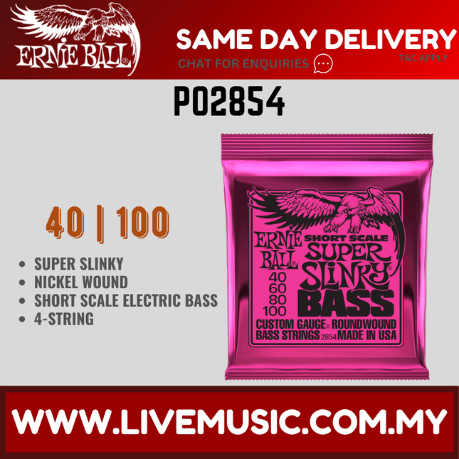 Ernie Ball 2854 Super Slinky Nickel Wound Short Scale Electric Bass Strings, 40-100 Gauge