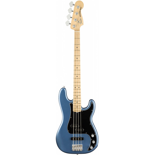 Satin Lake Placid Blue precision bass guitar with maple fretboard and black hardware