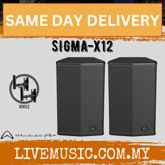 Pair of black 12-inch 2-way installation loudspeakers, front angled view.