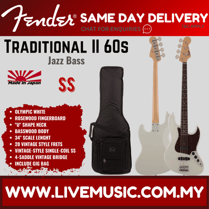 Fender Japan Traditional II 60s Jazz Bass Guitar, Rosewood Fretboard with FREE Gig Bag - Olympic White