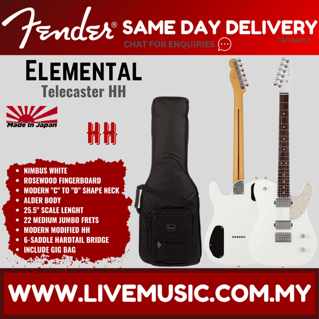 Fender Japan Elemental Telecaster HH Electric Guitar, RW FB, Nimbus White