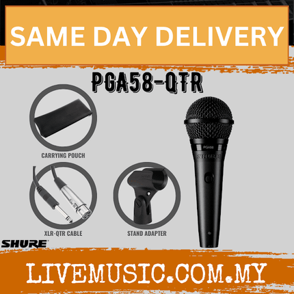 Shure PGA58 Cardioid Dynamic Vocal Microphone, XLR-XLR Cable ( PGA58-XLR/ PGA58-QTR / PGA58-LC )
