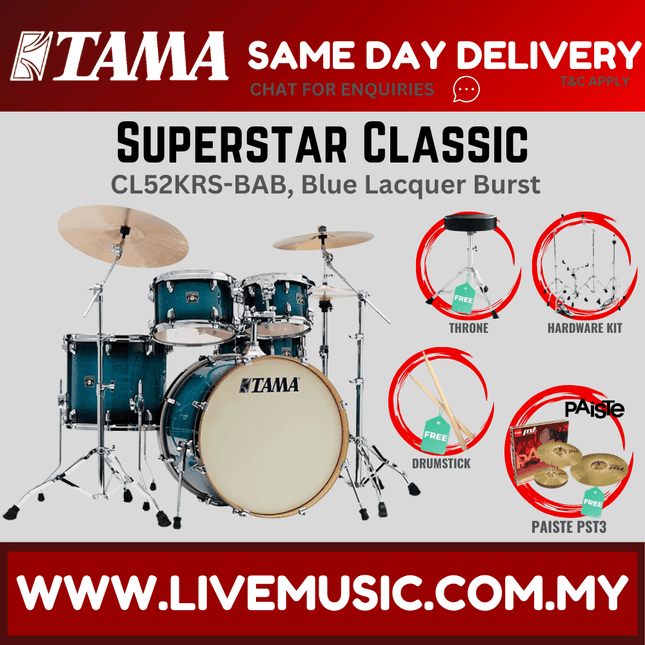 Tama Superstar Classic 5-piece drum kit with blue lacquer burst shells and cymbals