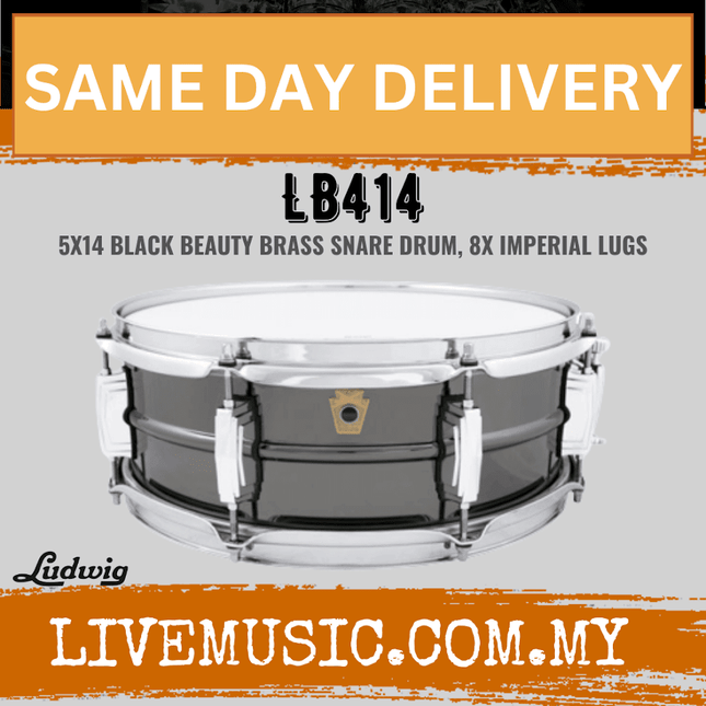 Ludwig LB414 5x14inch Black Beauty Brass Snare Drum, Smooth Shell, 8x Imperial Lugs