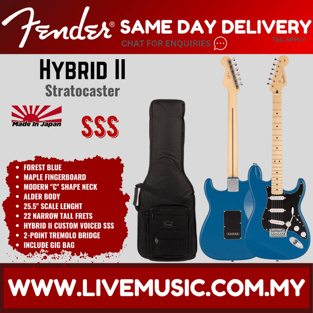 Fender Japan Hybrid II Stratocaster Electric Guitar, Maple Fretboard with Gig Bag - Forest Blue