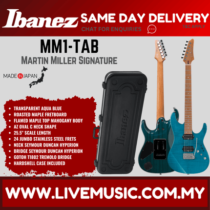 Ibanez MM1 Martin Miller Signature Electric Guitar with Case - Transparent Aqua Blue (MM1-TAB)