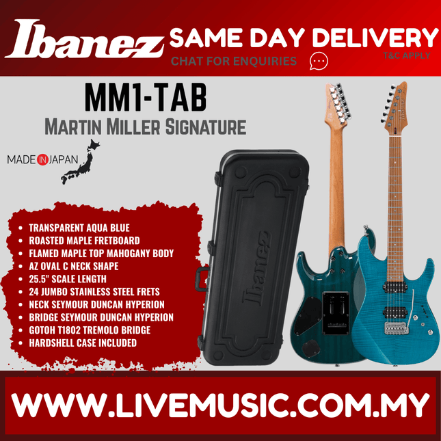 Ibanez MM1 Martin Miller Signature Electric Guitar with Case - Transparent Aqua Blue (MM1-TAB)