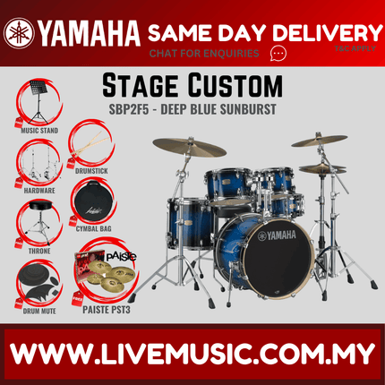 Yamaha Stage Custom SBP2F5 5-piece Acoustic Drum Set with PST 3 Cymbal Set, Hardware, Drum Throne ( STAGECUSTOMSBP2F5 )