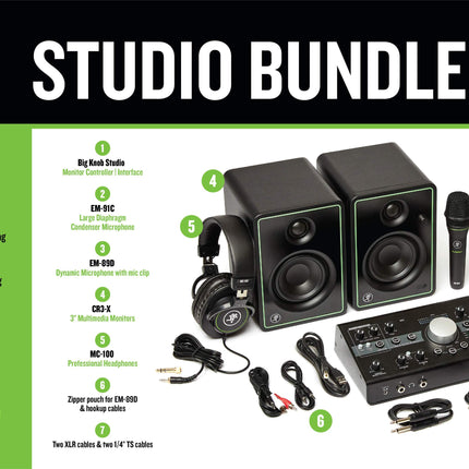 Mackie Studio Bundle, Big Knob Studio Audio Interface, CR3-X Monitors, And EM-91C Microphone And Mic Stand (CR3X/EM91C)
