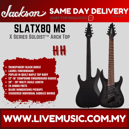 Jackson X Series Soloist Arch Top SLATX8Q Multi-Scale Electric Guitar, Laurel FB, Transparent Black