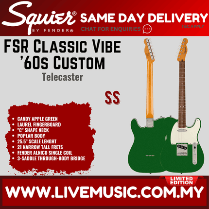 Squier FSR Classic Vibe 60s Custom Telecaster Electric Guitar, Indian Laurel FB, Candy Apple Green