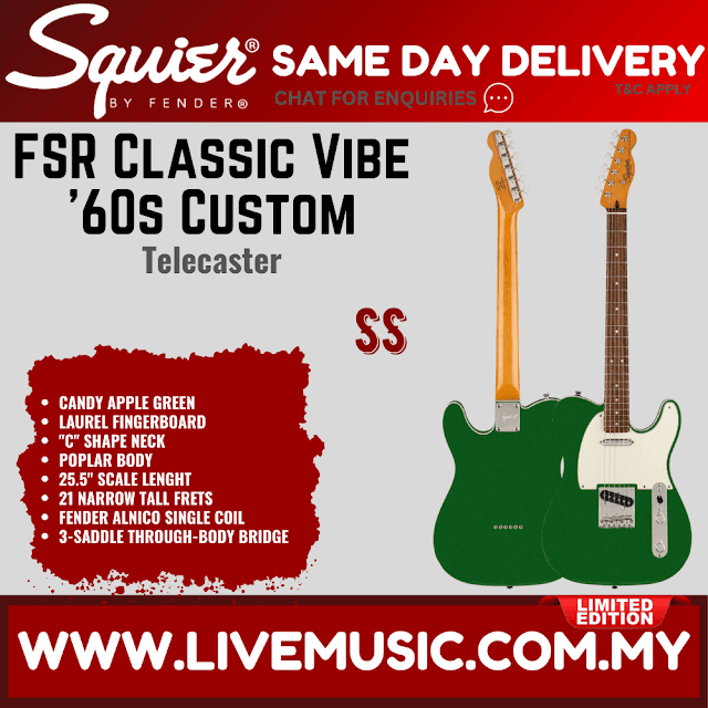 Squier FSR Classic Vibe 60s Custom Telecaster Electric Guitar, Indian Laurel FB, Candy Apple Green