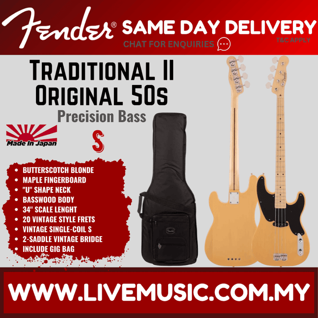 Fender Japan Traditional II Original 50s Precision Bass Guitar, Maple Fretboard with FREE Gig Bag - Butterscotch Blonde