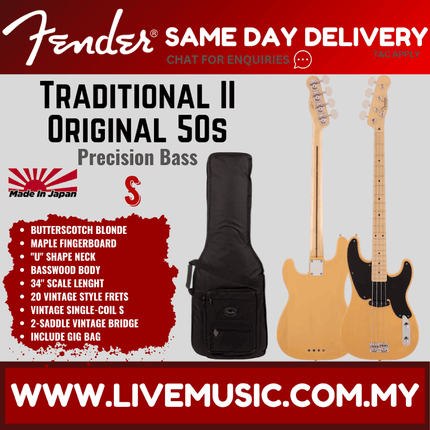 Fender Japan Traditional II Original 50s Precision Bass Guitar, Maple Fretboard with FREE Gig Bag - Butterscotch Blonde