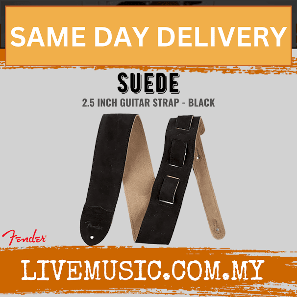 Black suede electric guitar strap with adjustable ends and metal buckle