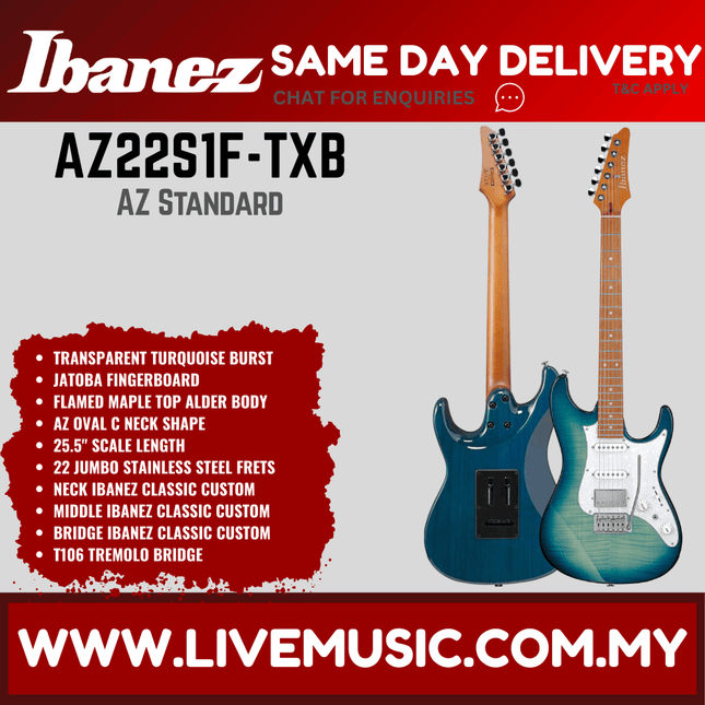 Ibanez Standard AZ22S1F Electric Guitar-Transparent Turquoise Burst