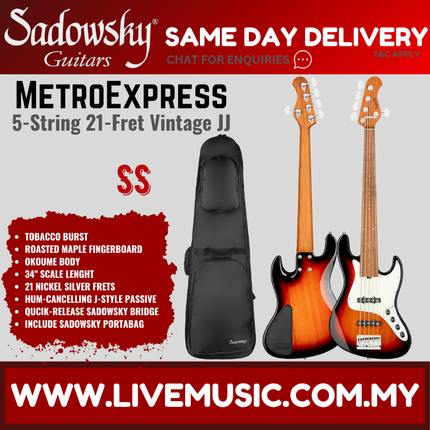 Sadowsky MetroExpress 21-fret Vintage JJ 5-String Bass Guitar, Maple FB, Tobacco Burst