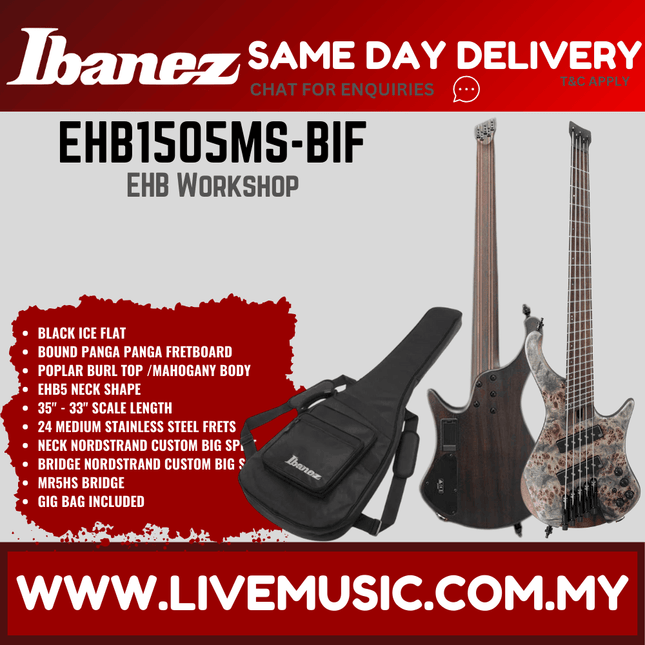 Ibanez Bass Workshop EHB1505MS-BIF Electric Bass Guitar w/Gig Bag, Black Ice Flat ( EHB1505MS BIF / EHB1505MSBIF )