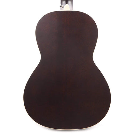 Dark brown acoustic guitar back view, teardrop shape with small strap button