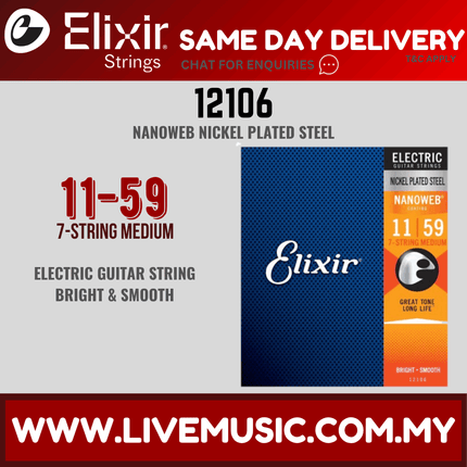 Elixir 12106 Nanoweb Medium 7-String Electric Guitar Strings, 11-59