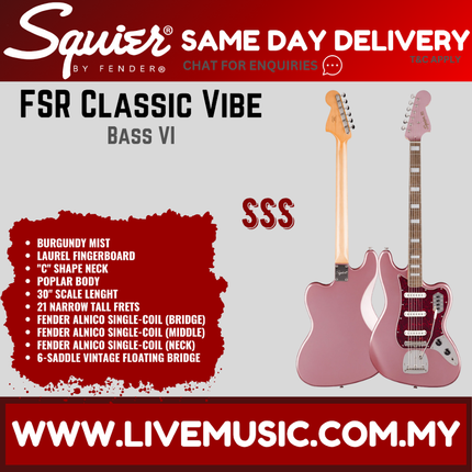 Squier FSR Classic Vibe Bass VI Guitar, Laurel FB, Burgundy Mist