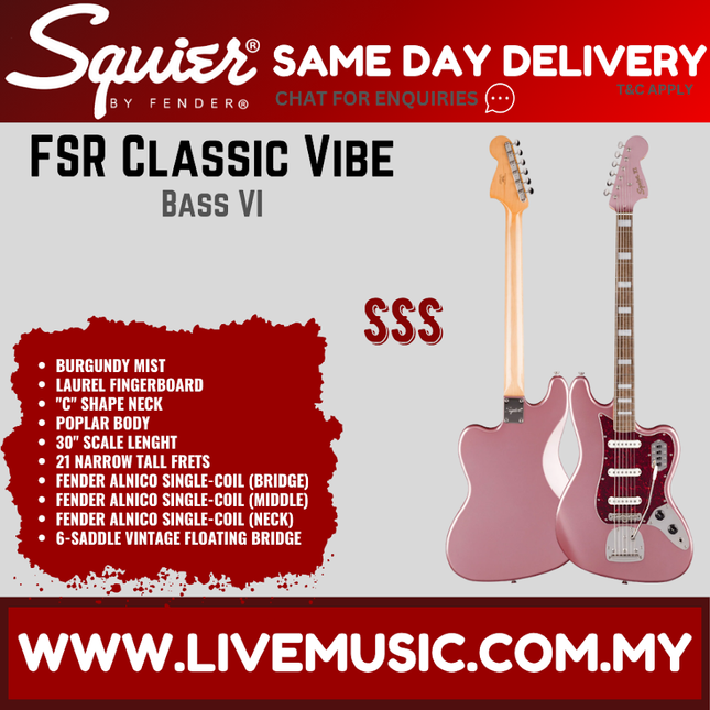 Squier FSR Classic Vibe Bass VI Guitar, Laurel FB, Burgundy Mist