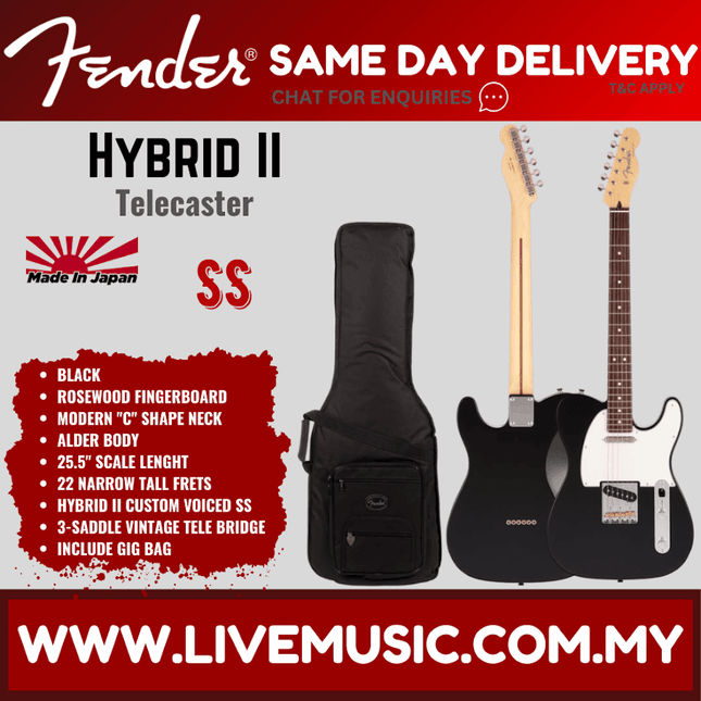 Fender Japan Hybrid II Telecaster Electric Guitar, Rosewood Fretboard with Gig Bag - Black