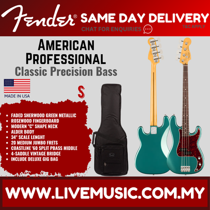 Fender American Professional Classic Precision Bass Guitar, RW FB, Faded Sherwood Green Metallic