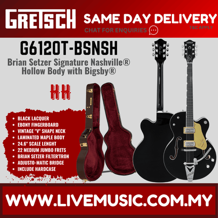 Gretsch G6120T-BSNSH Brian Setzer Signature Nashville Hollowbody w/Bigsby Electric Guitar, Ebony FB, Black Lacquer