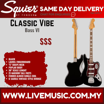 Squier Classic Vibe Bass VI Electric Guitar, Laurel Fretboard - Black