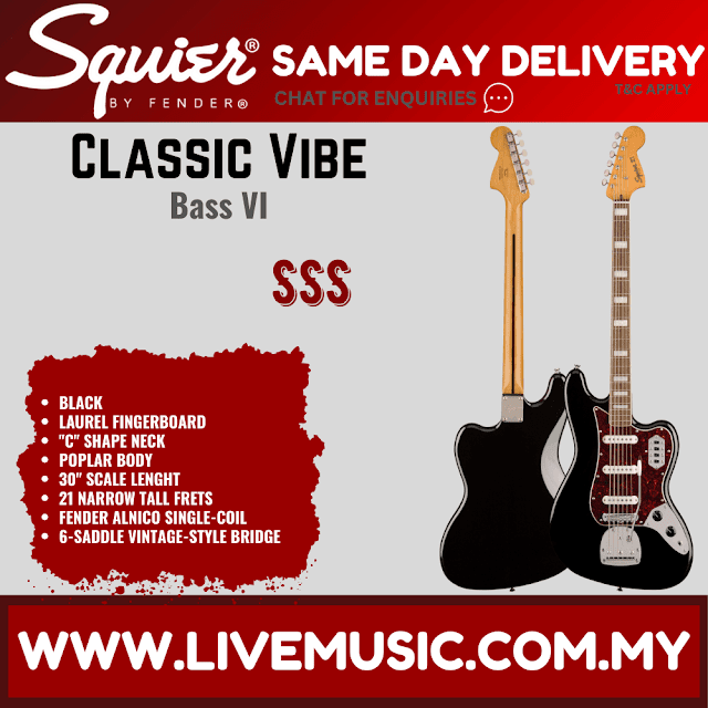 Squier Classic Vibe Bass VI Electric Guitar, Laurel Fretboard - Black